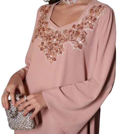 Pink Kaftan Dress With Embroidered Neckline